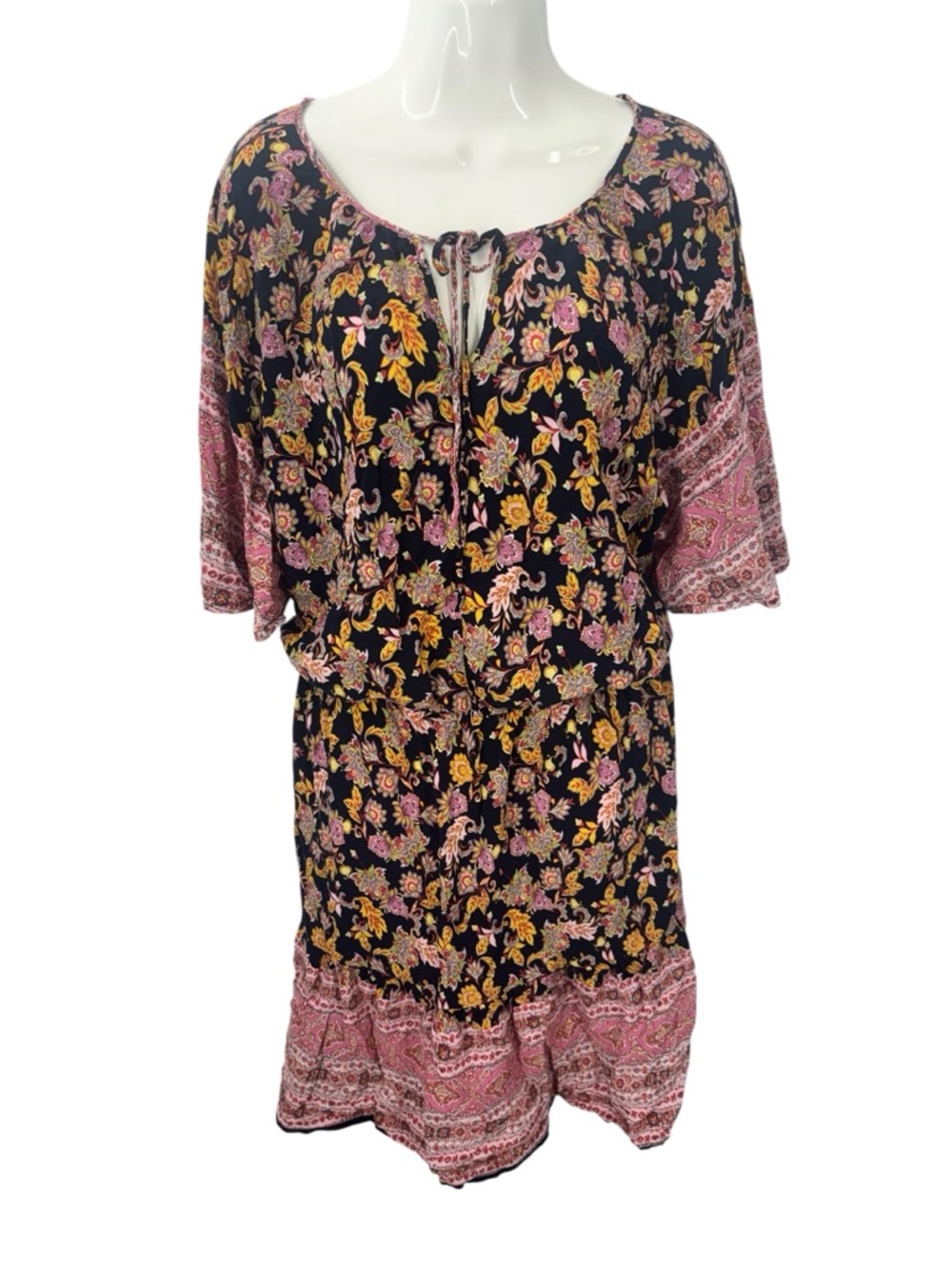 Rusttydustty Boho Floral Paisley Mini Dress 3XL Plus Size Viscose V-Neck Tie